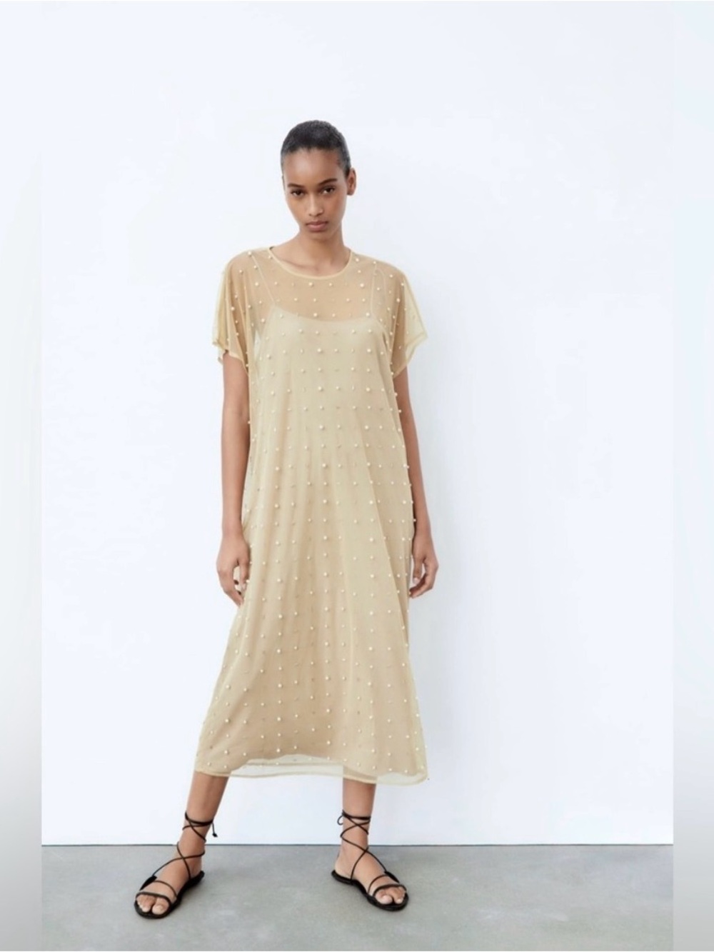 Zara Beige Pearl-Embellished Midi Dress